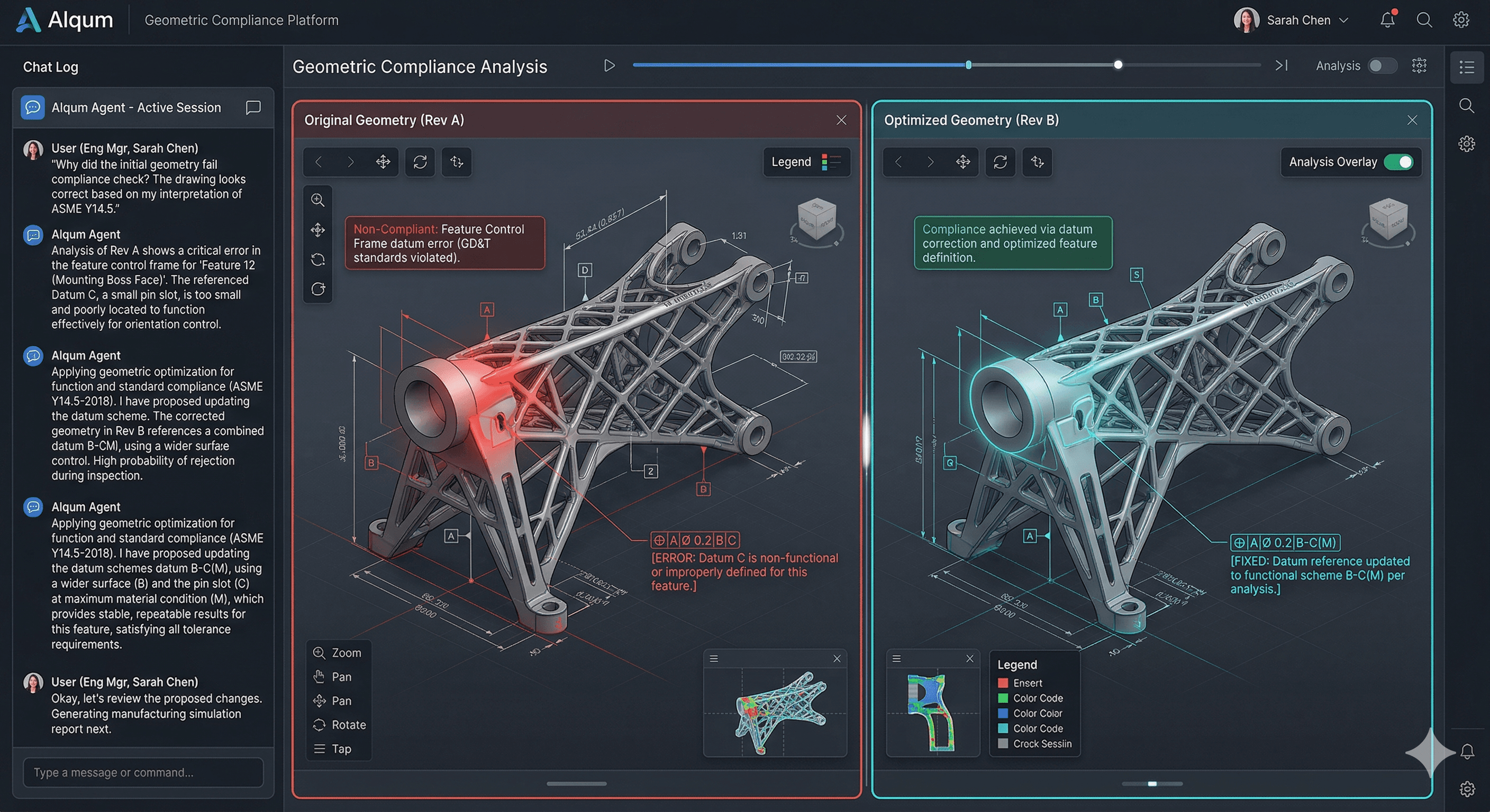 Alqum AI agent performing geometric compliance analysis on a CAD model